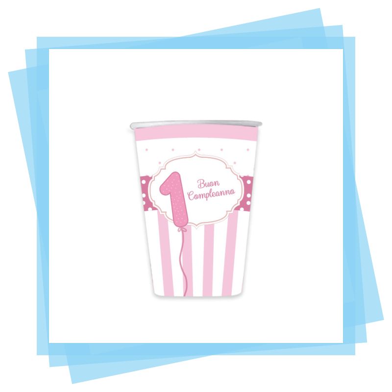 8 Bicchieri Primo Compleanno Rosa / Celeste