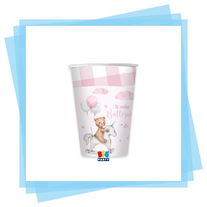 8 Bicchieri Battesimo Teddy Bear Rosa / Celeste